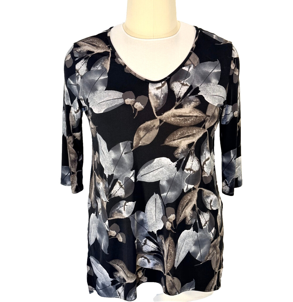 Clara Sun Woo Tunic Top Womens XL Black and Taupe Leaf Print V-Neck 3/4 Sleeve